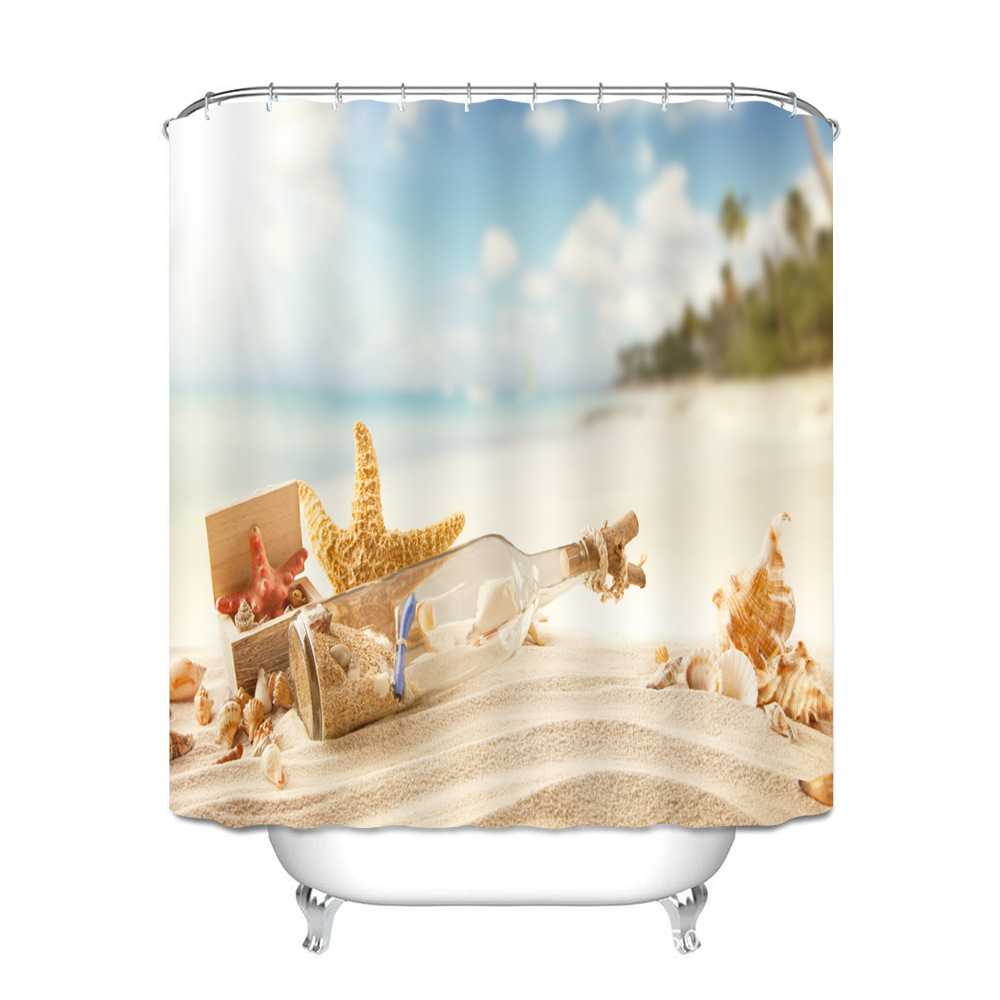 

Штора для ванной с морским принтом бежевая с голубым Message in a bottle 180 х 180 см Berni Home Голубой (59434)