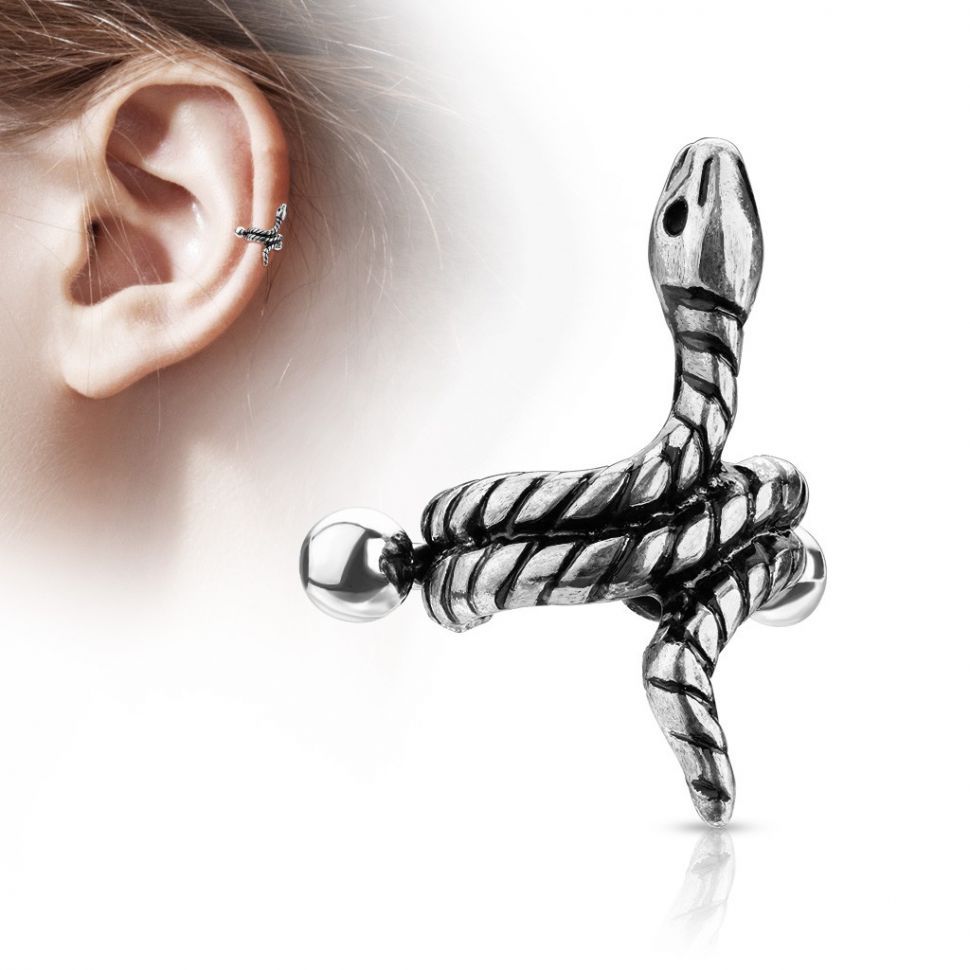 

Серьга-кафф в виде змеи PiercedFish JB022 со штангой для пирсинга в хрящ, хеликс уха (Металл)