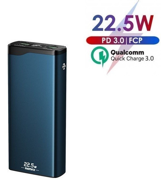 

Павербанк Remax 30000 mAh 22.5W Quick Charge LED Power Bank |2xUSB/1xType-C, PD/QC, 20W, 3A для Android/iOS Blue