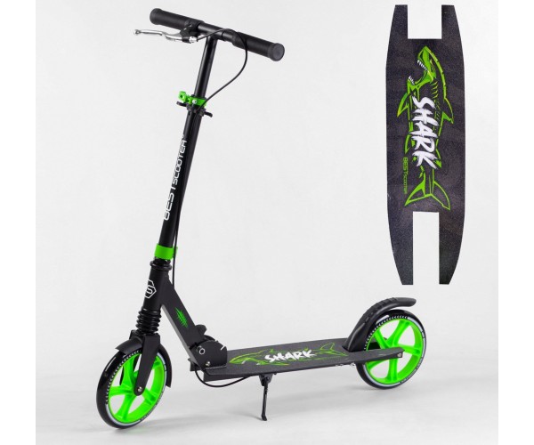 

Самокат двухколесный Best Scooter Shark 18104, с ручным тормозом, зажимом руля, амортизатором, Черно-зеленый
