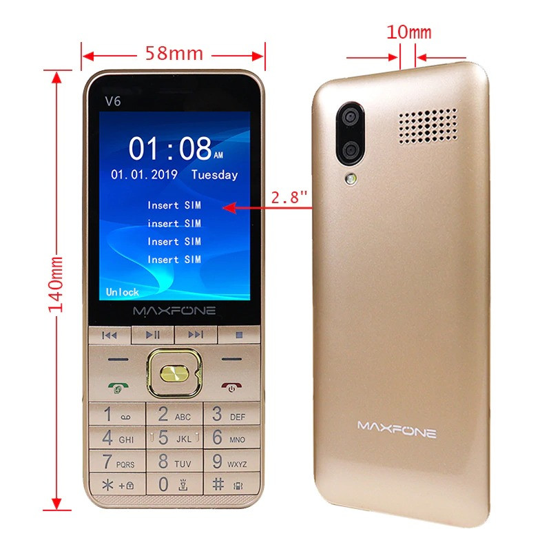 

Мобильный телефон на 4 sim карты - MAXFONE V6 Black, Фонарь, 2,8 , 2000мАч Русская Клавиатура в золотом цвете