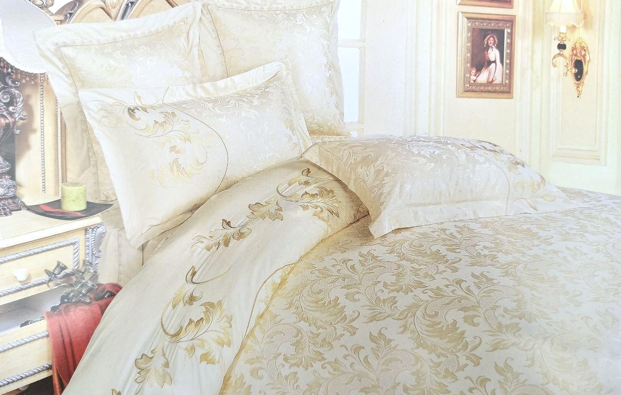 

Постельное белье Vie Nouvelle жаккард с вышивкой евро комплект JE170 200x220 Кремовый