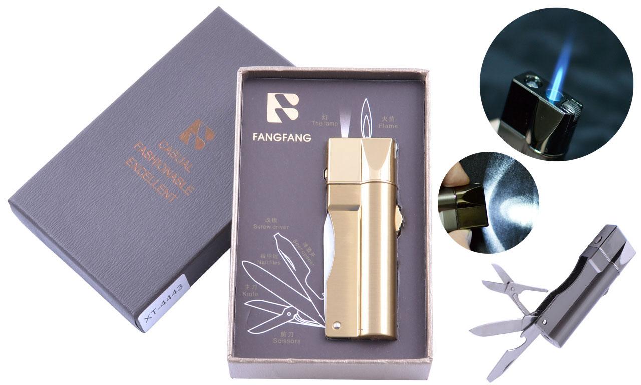 

Зажигалка подарочная Fang Fang (Острое пламя, нож, фонарик) №4443 Gold