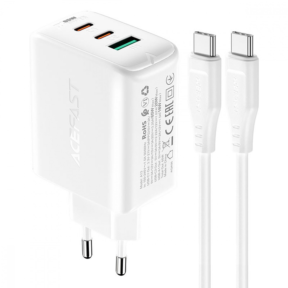 

СЗУ Acefast A13 PD 65W (2 Type-C + USB) white