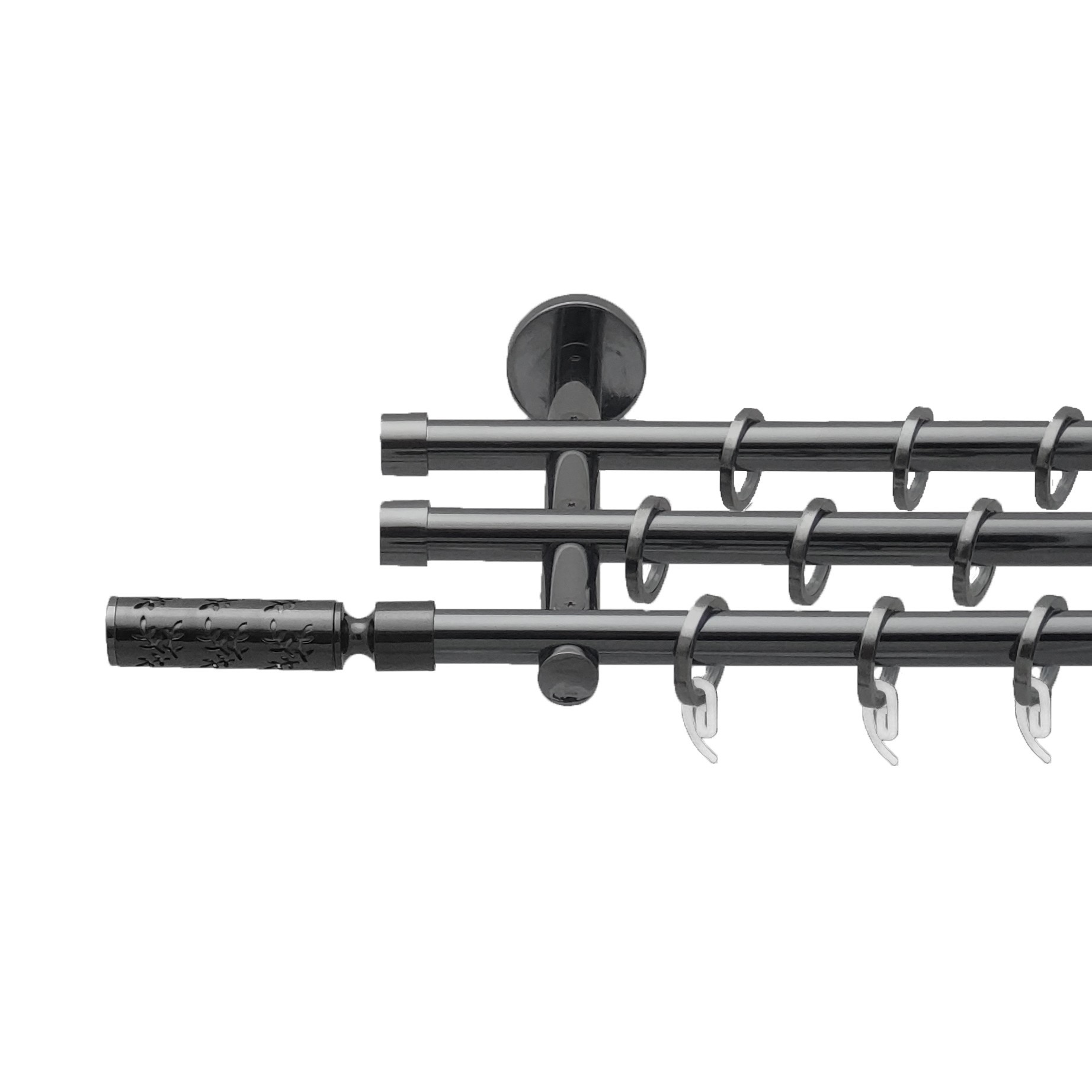 

Карниз Orvit Апрілія металевий трирядний циліндр (20 см) гладка труба кільце фасонне металеве Онікс 16\16\16 мм 240 см