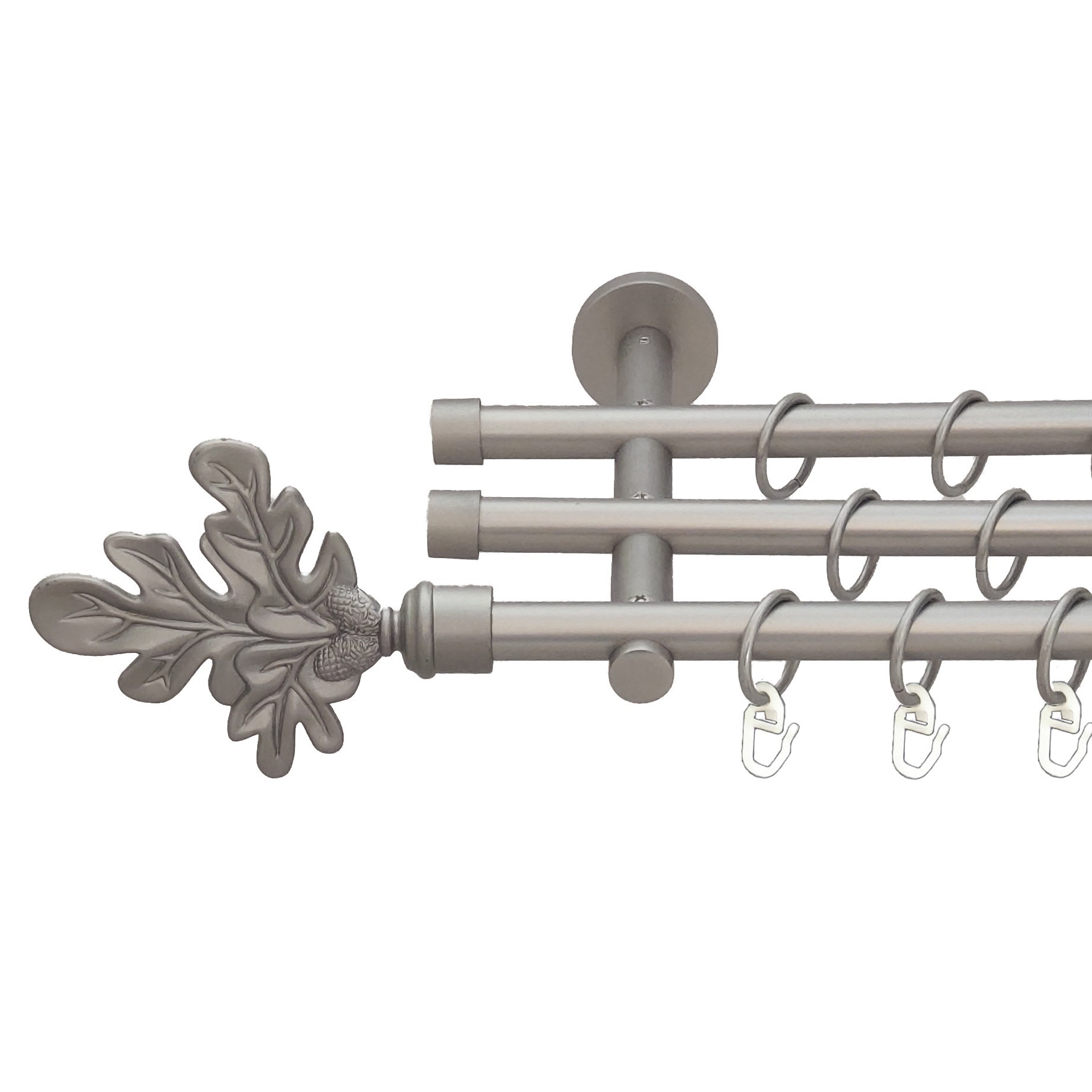 

Карниз Orvit Листок Дуба металевий трирядний циліндр (20 см) гладка труба кільце металеве Сатин 16\16\16 мм 240 см