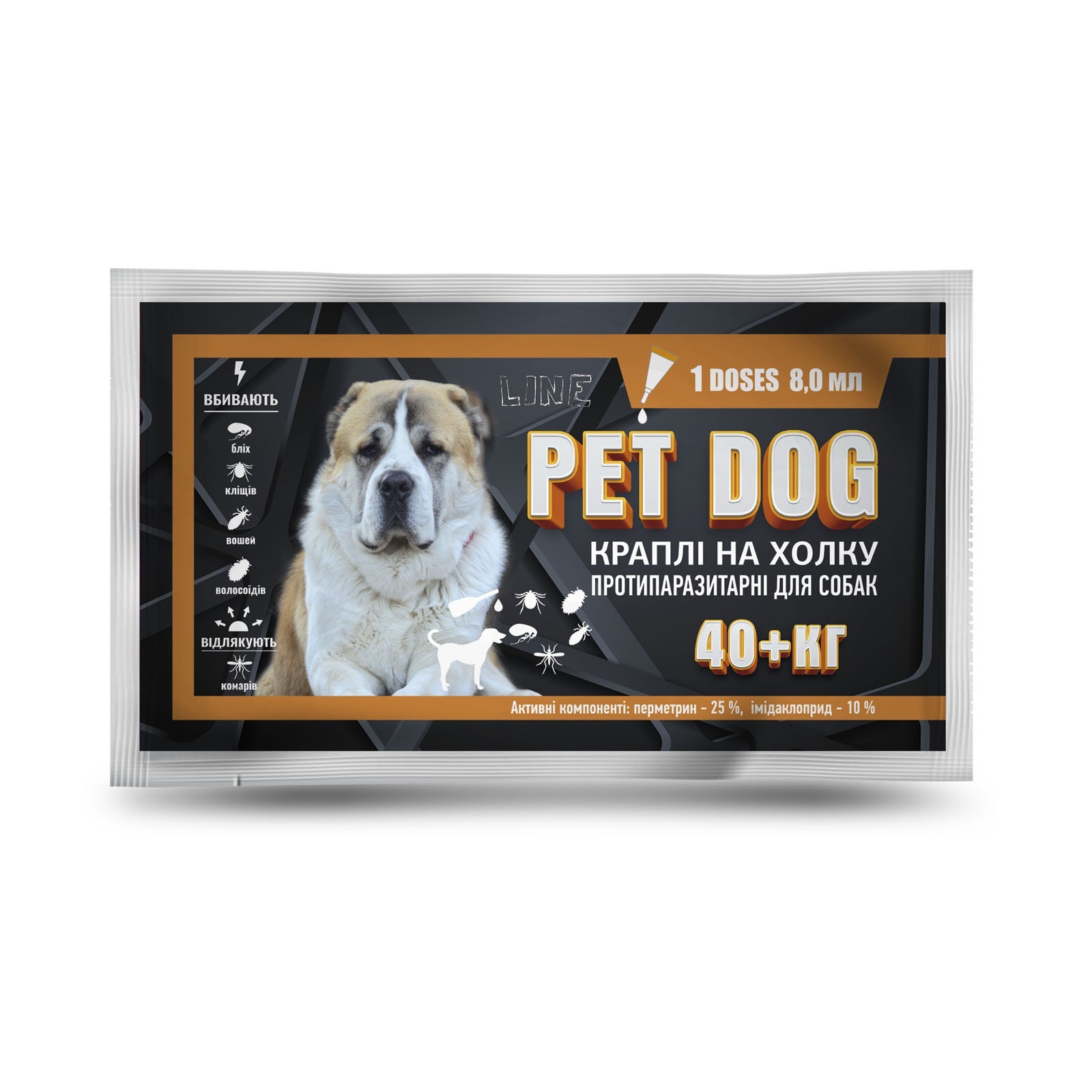 

Капли «Pet Dog» противопаразитарные для собак весом от 40 кг, 8мл 10шт.