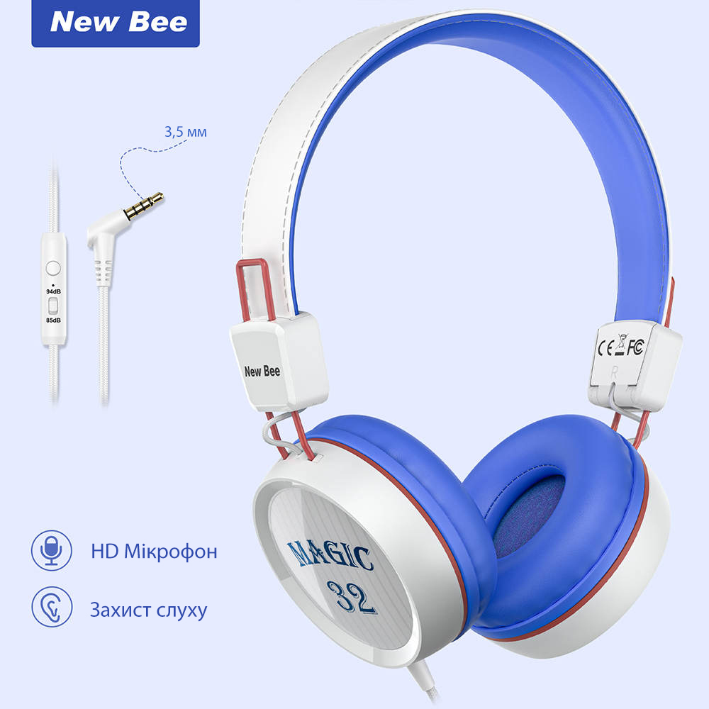 

Детские накладные наушники с микрофоном проводная гарнитура New Bee KH20 White