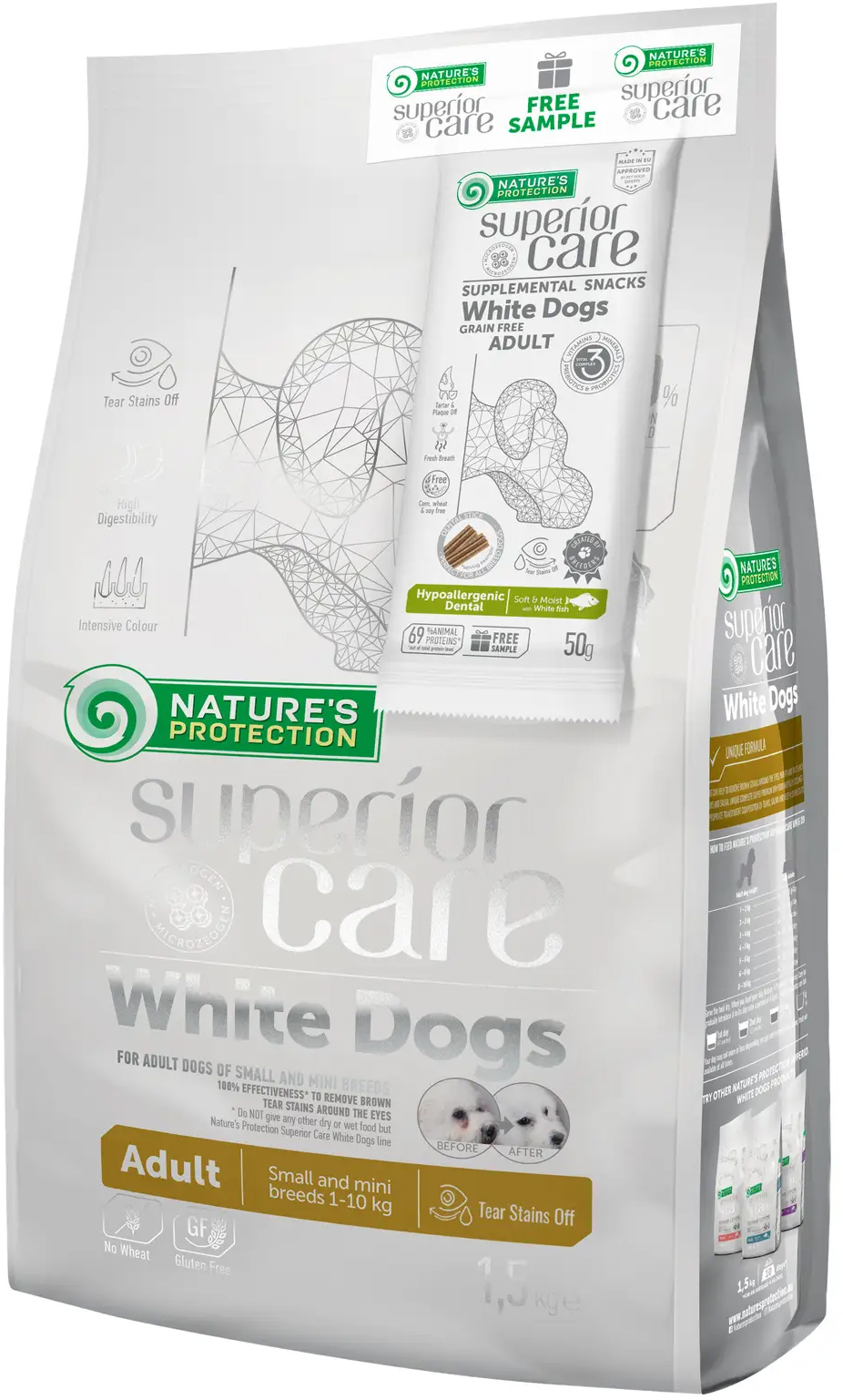 

Сухой корм для взрослых собак с белой шерстью, для малых пород Nature's Protection Superior Care White Dogs Adult Small and Mini Breeds 1.5 кг