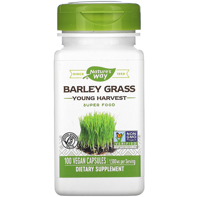 

Ячмень Nature's Way "Barley Grass Young Harvest" молодой урожай, 1500 мг (100 веганских капсул)