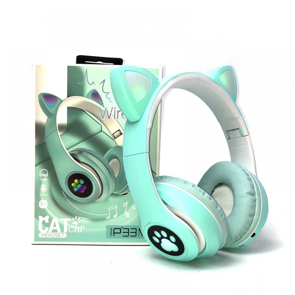 

Беспроводные наушники с кошачьими Ушками светящимися Bluetooth Cat P-33M с микрофоном FM радио бирюзовый
