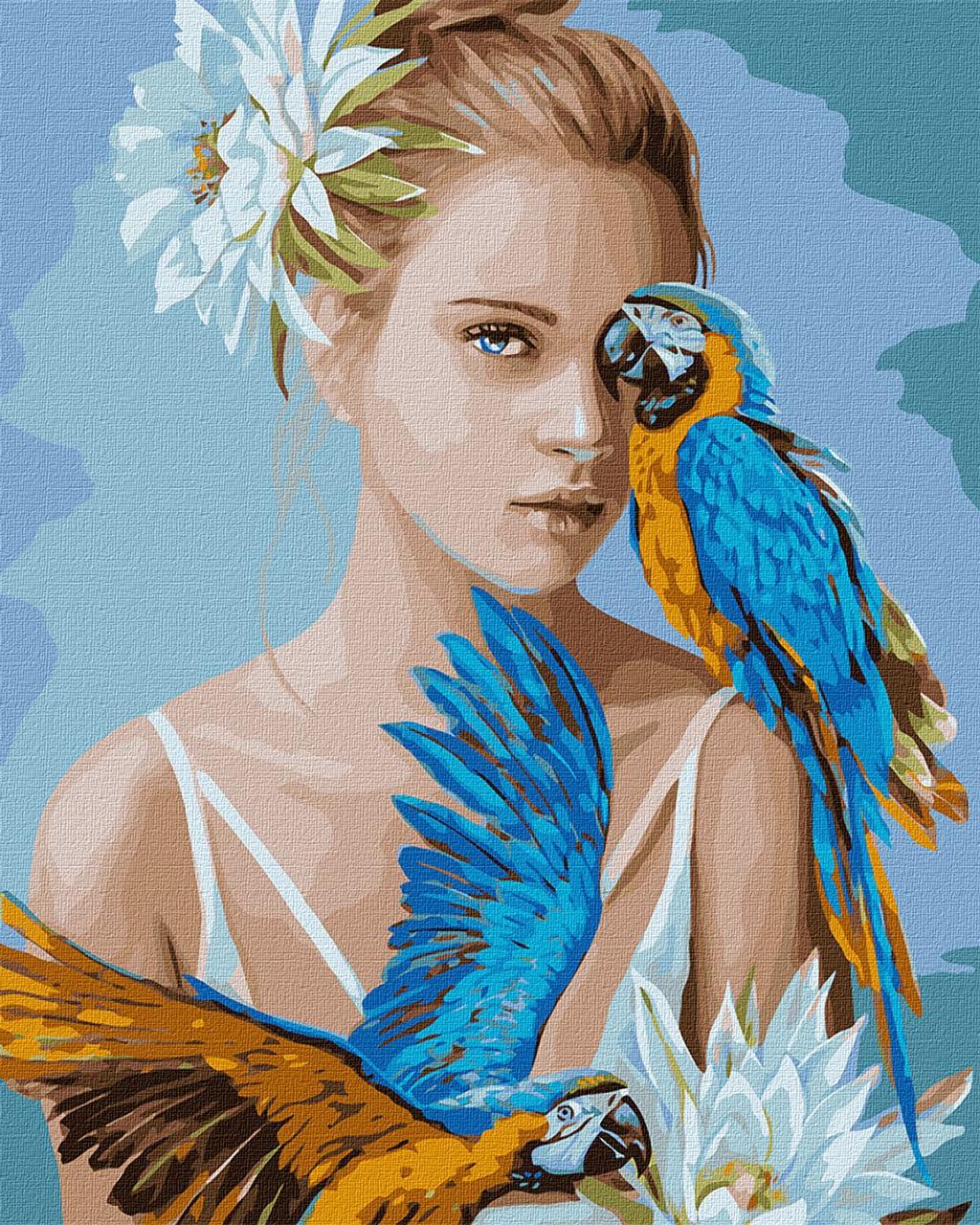 

Картина по номерам Идейка КНО4802 40*50 cм Девушка с голубыми попугаями ©Ira Volkova