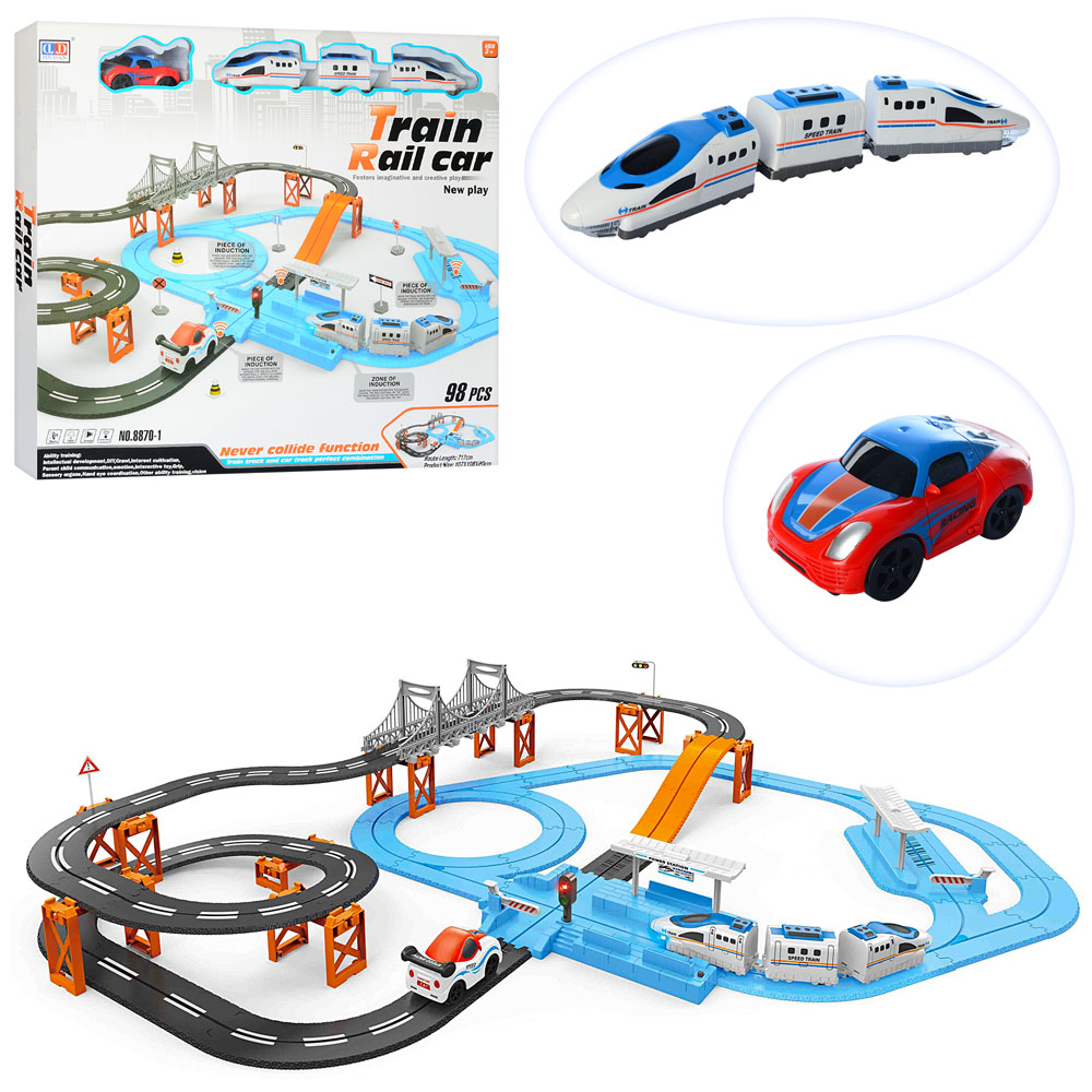 

Игрушечная Железная дорога Автотрек 2в1 Train Rail Car Jin Dan, Детский трек ЖД с аксессуарами (фигурки, знаки), со звуковыми и световыми эффектами, 98 деталей