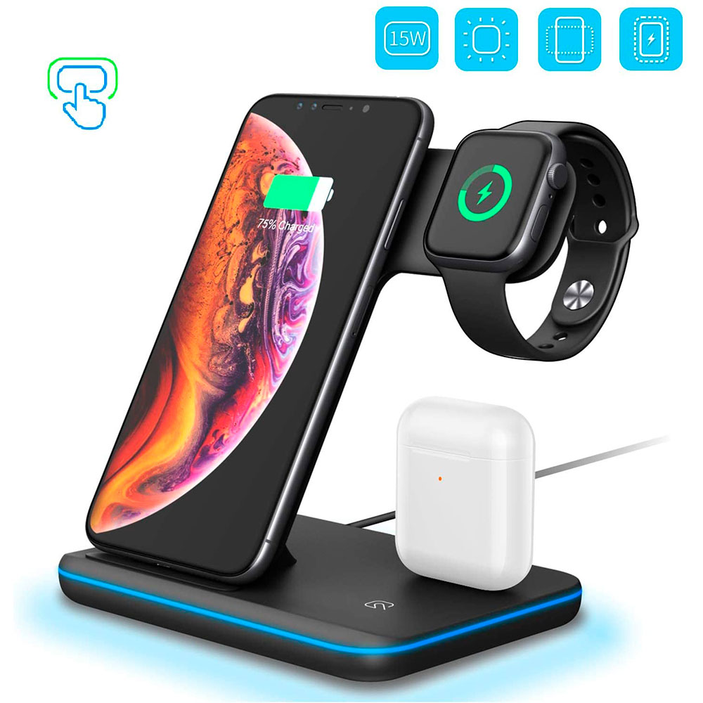 

Беспроводная зарядка WAITIEE 3in1 для iPhone+iWatch+AirPods 15W Fast Charging Station Black