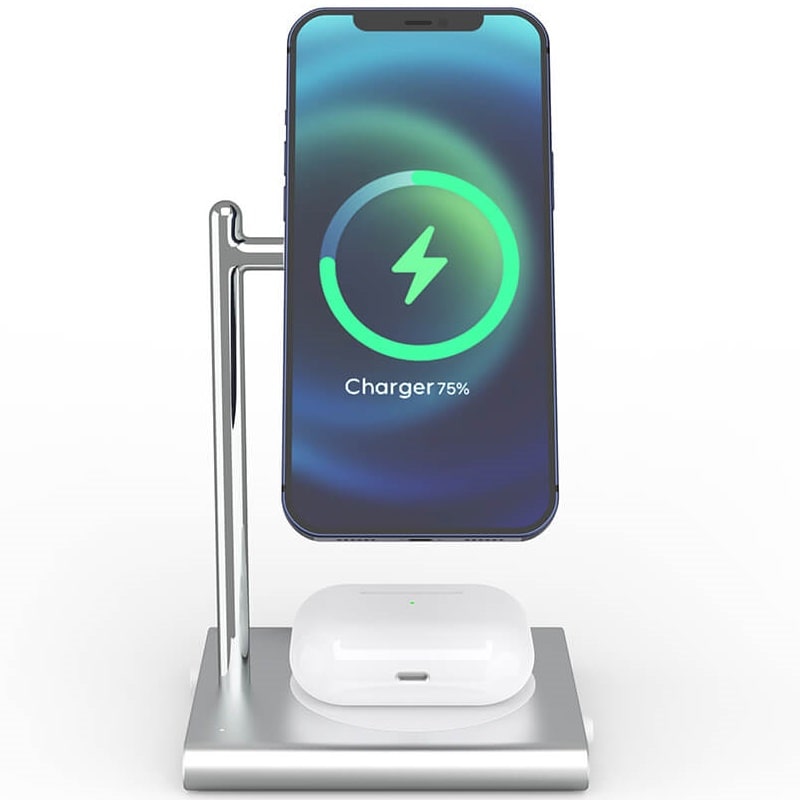 

Беспроводное зарядное устойство 2 в 1 MagSafe док станция Magnetic Wireless Charging Stand для iPhone 12, 12 Pro, 12 Pro Max, 12 Mini, 13 AirPods Серебристый + Блок питания QC 3.0