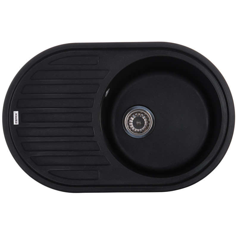 

Врезная кухонная мойка из камня Раковина для кухни ZERIX ZS-7750R-14 + Сифон Гранит Черный металлик (ZX4562)
