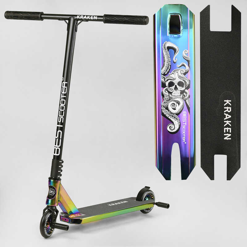 

Самокат трюковый KR-64084 Best Scooter Kraken HIC-система, пеги, алюминиевый диск и дека, анодированный, колёса PU 110мм, ширина руля 58 см