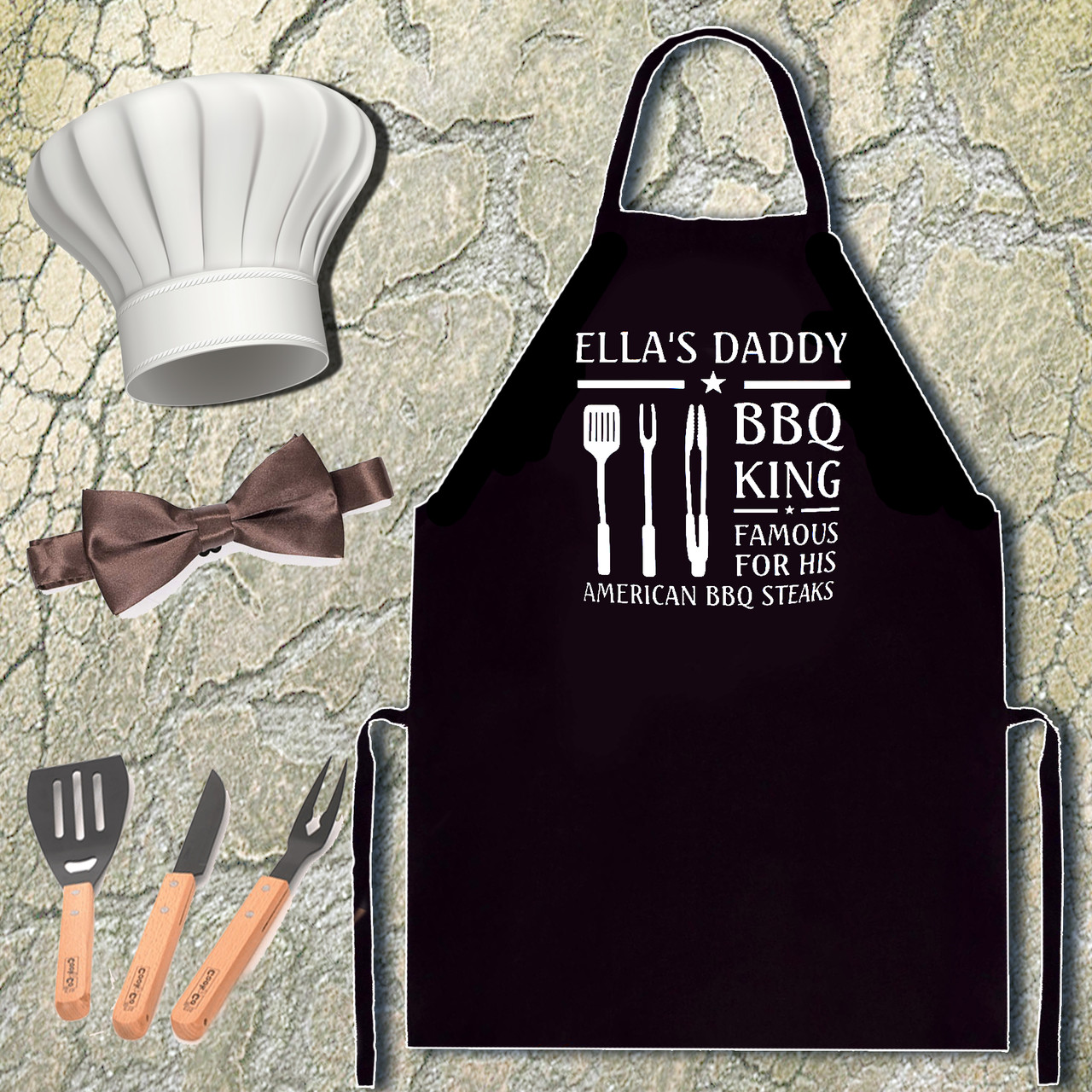 

Фартук с принтом "Ella's daddy. BBQ King. Famous for his american BBQ steaks"
