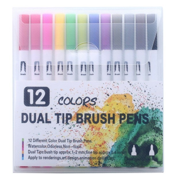 

Двухсторонние акварельные маркеры-линеры для скетчинга Dual Tip Brush Pens 12 цветов