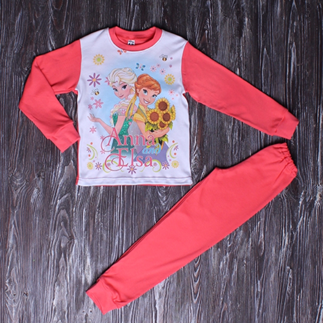 

Пижама для девочки (футболка с длинными рукавами + штаны) Stilna Krapka Анна и Эльза 104-110 см. Коралловая Хлопок