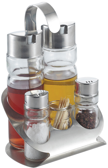 

Набор для соли + перца + зубочистка + уксус + масло на подставке Maestro Rainbow (MR1611 D)