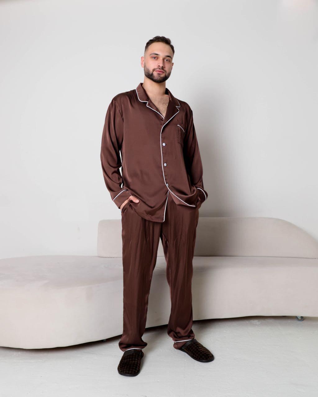 

Мужская шелковая пижама рубашка и брюки из шелка армани на пуговицах комплет для дома и сна шоколадный 200743, Мужская шелковая пижама рубашка и брюки из шелка армани на пуговицах комплет для дома и сна шоколадный 200743 L