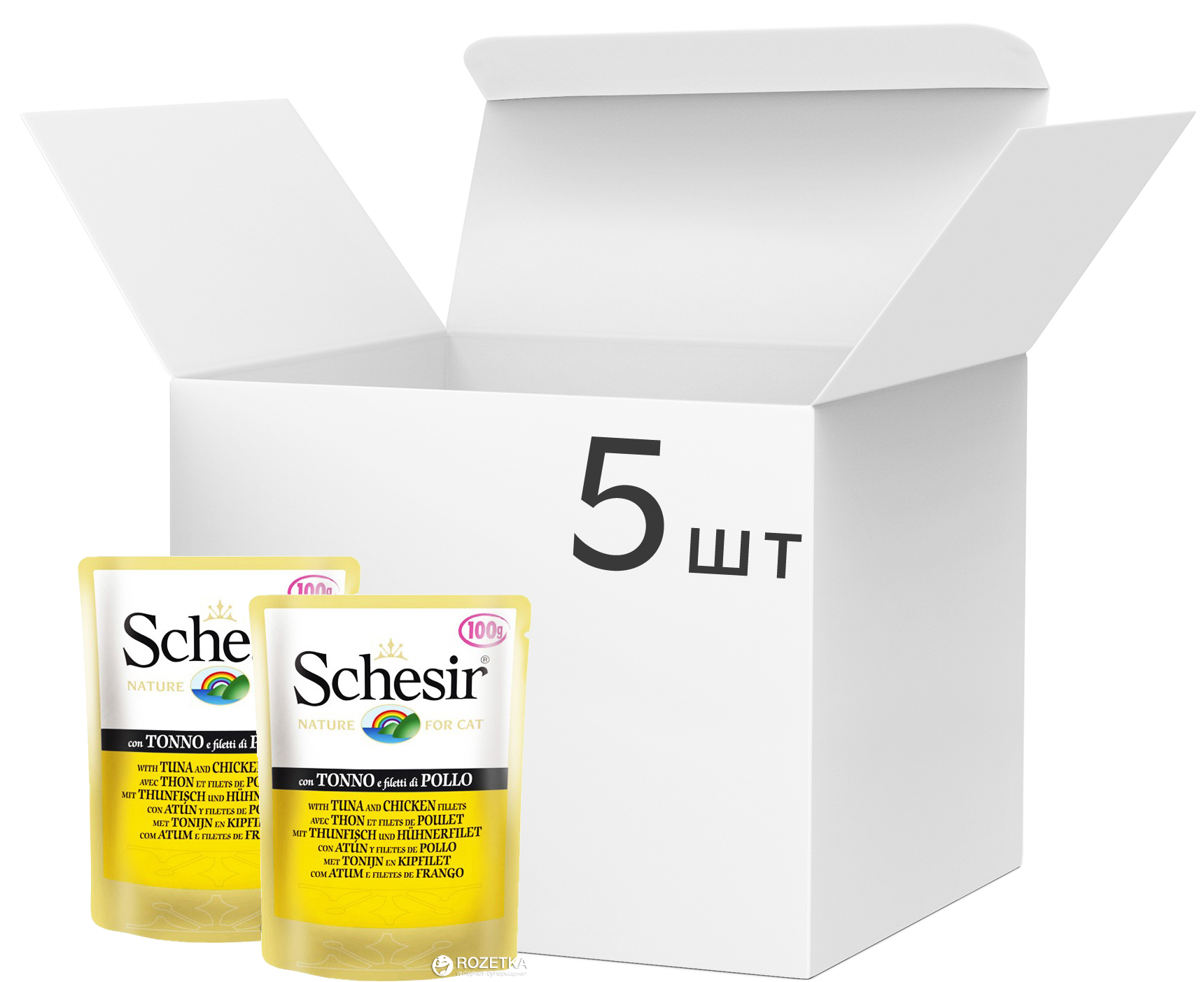 

Упаковка влажного корма для кошек Schesir Tuna Chicken с тунцом и курицей 100 г 5 шт (2100053705018)