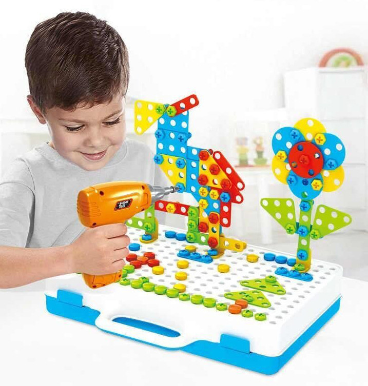 

Детский Развивающий Конструктор-Мозаика для детей Creative Puzzle 4in1 3, 4 ,5, 6 лет с шуруповертом, 64 элемента, 80 шурупов