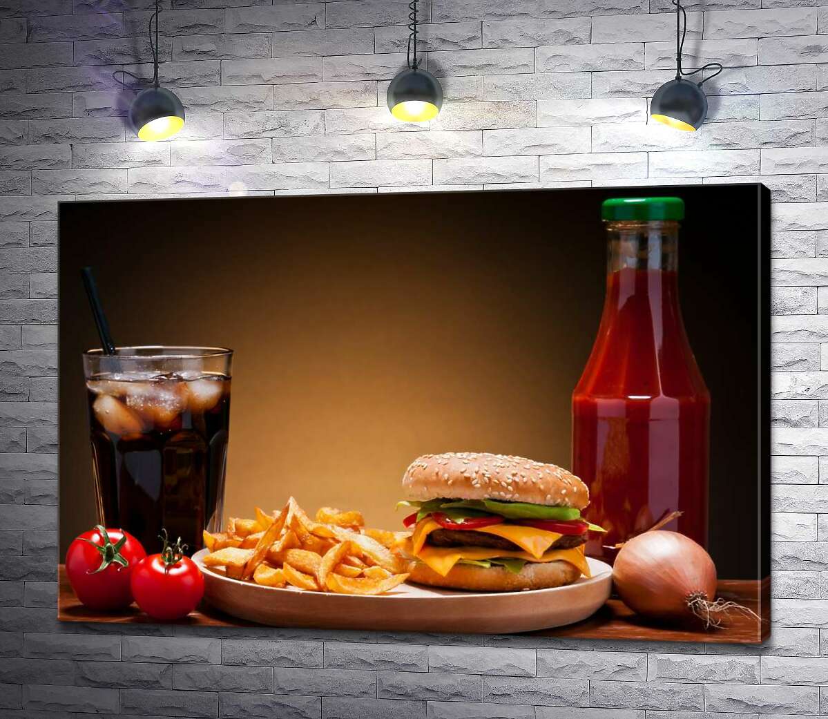 

Картина ArtPoster Бургер, картофель-фри и кетчуп с холодной Кока-колой (Coca-cola) 100x66 см Модуль №1
