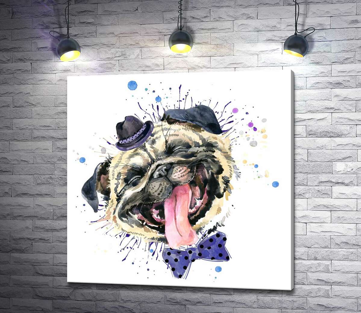 

Картина ArtPoster Веселый мопс с шляпой на голове 130x130 см Модуль №1