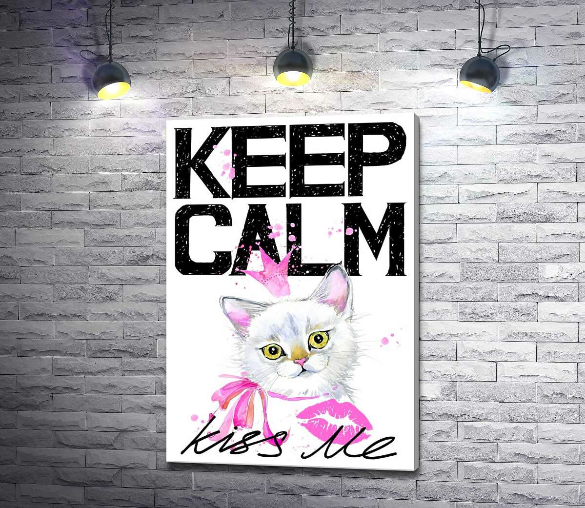 

Картина ArtPoster Белая кошка-принцесса среди надписи "keep calm and kiss me" 100x146 см Модуль №1