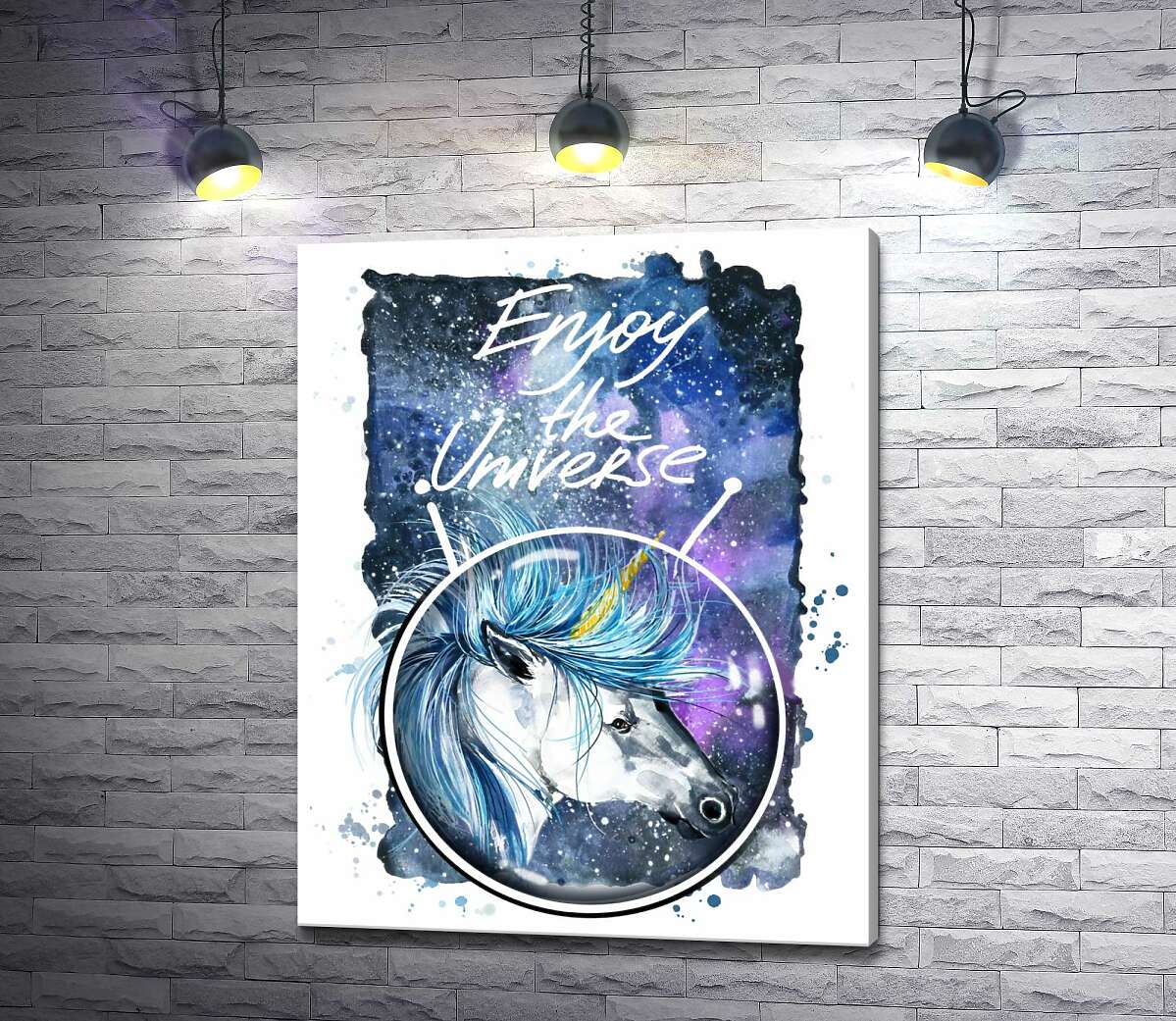 

Картина ArtPoster Голубая грива единорога развевается в космическом пространстве рядом с надписью "Enjoy the Universe" 100x128 см Модуль №1