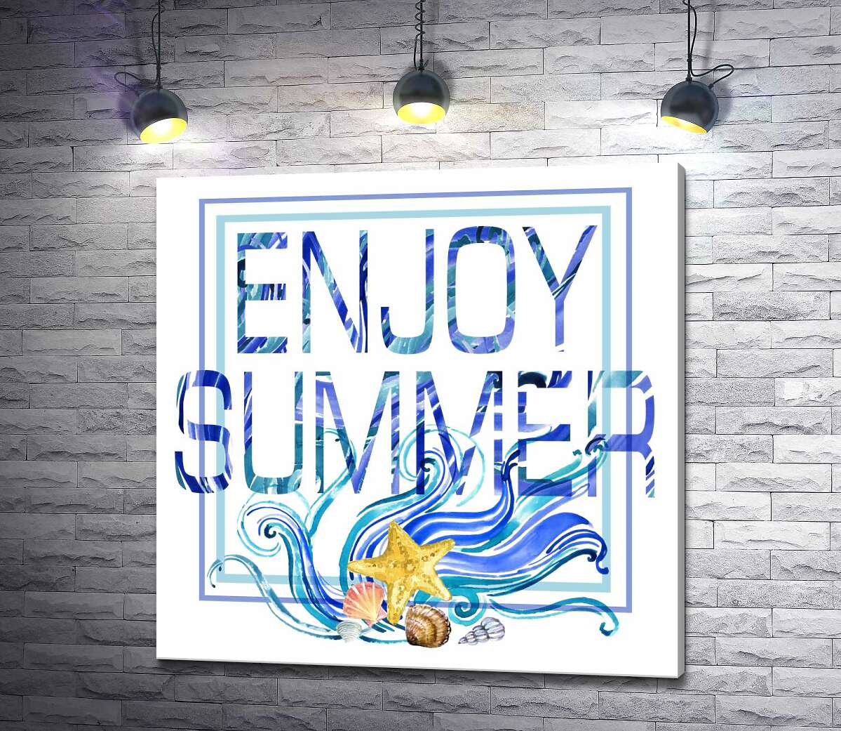 

Картина ArtPoster Голубая рамка с морскими волнами и ракушками окружила надпись "enjoy summer" 100x100 см Модуль №1