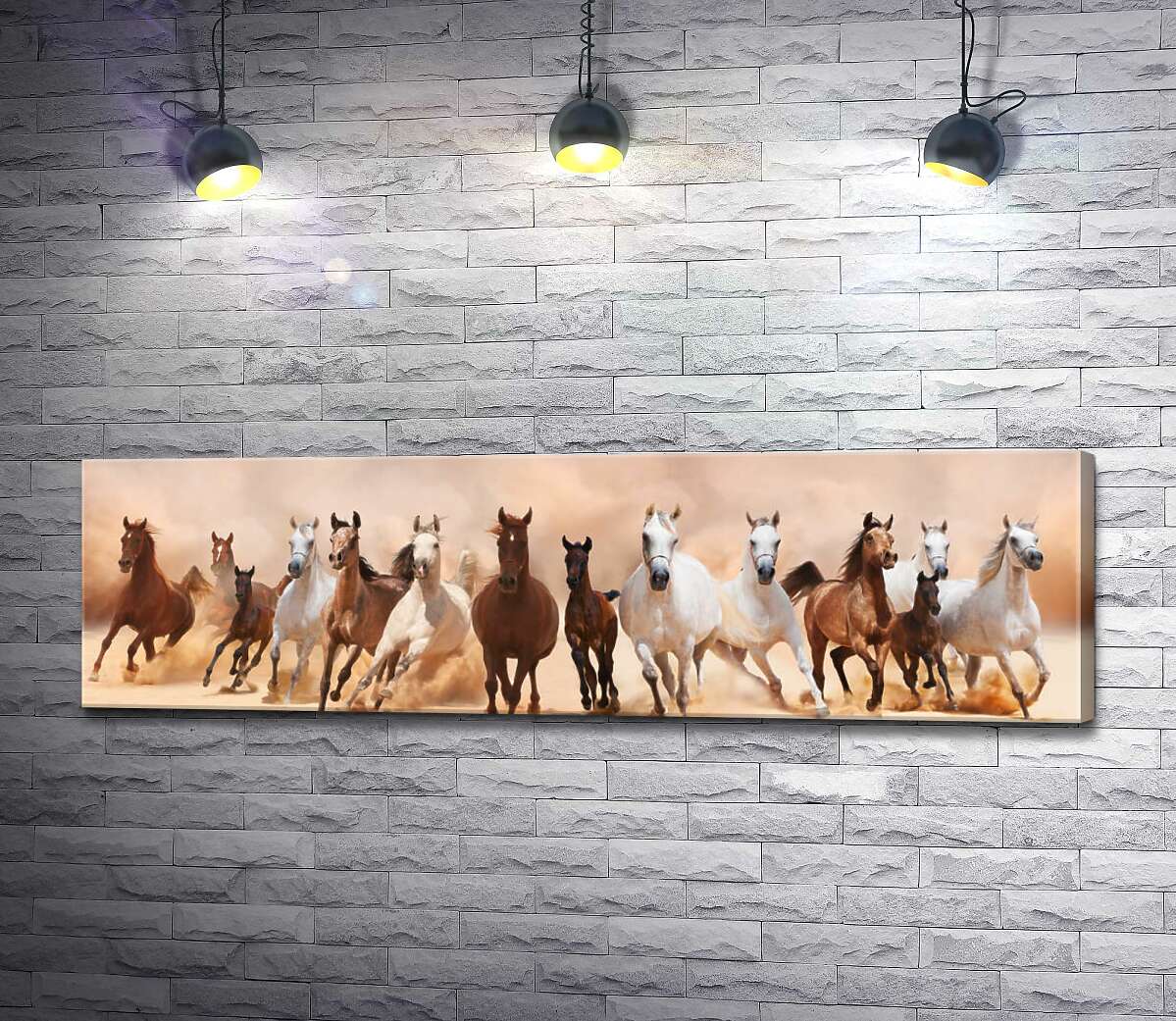 

Картина ArtPoster Гнедые и белые кони грациозно скачут в табуне 100x29 см Модуль №1