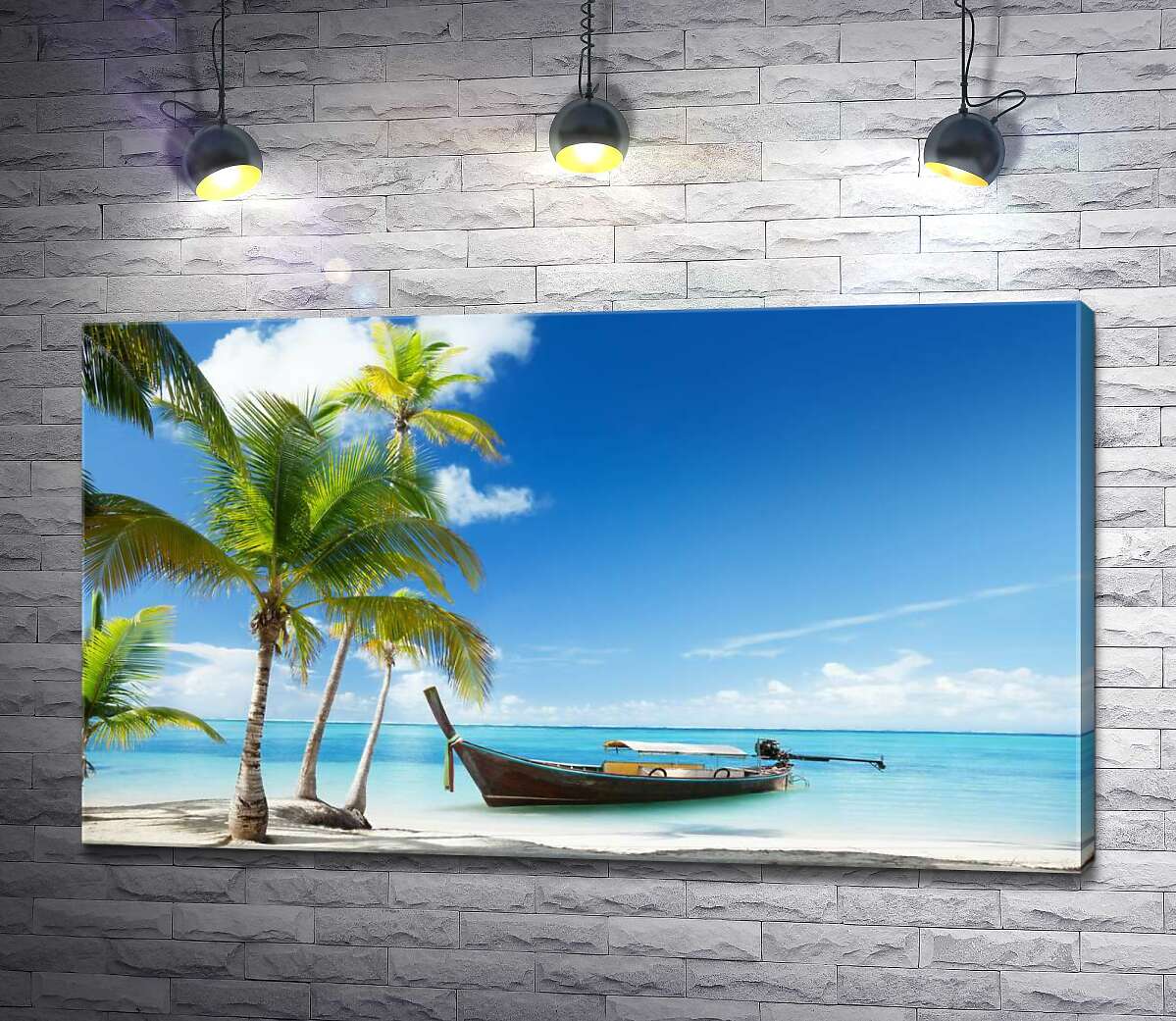 

Картина ArtPoster Колоритная лодка выглядывает кормой на мраморно-белый пляж 130x76 см Модуль №1