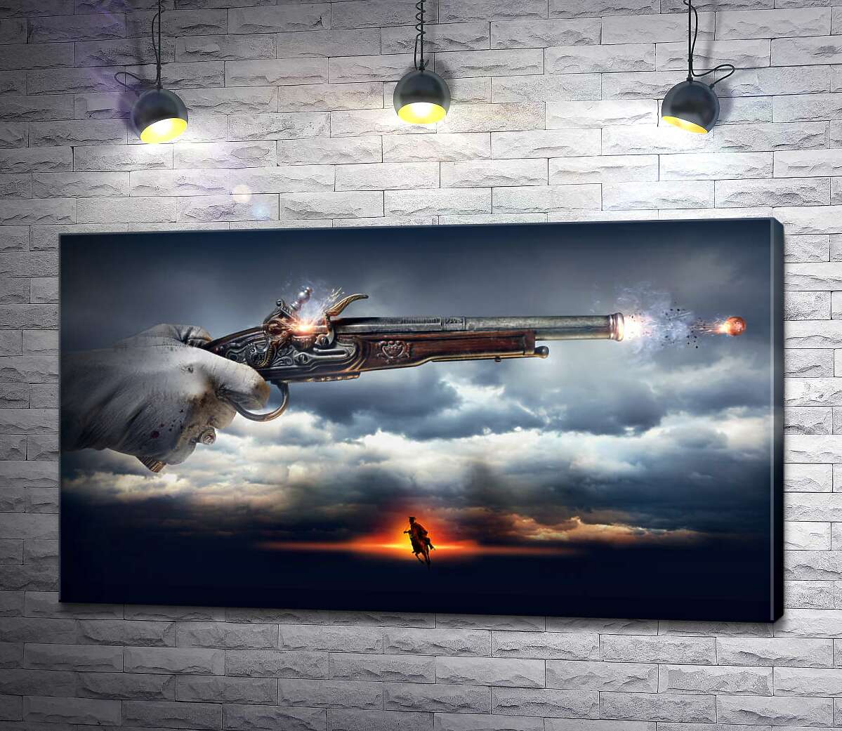 

Картина ArtPoster Кавалер стреляет из пистолета на фоне грозовых облаков 100x58 см Модуль №1