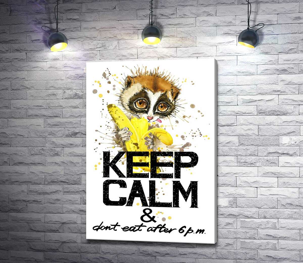 

Картина ArtPoster Маленький лемур ест банан над надписью "keep calm and don't eat after 6 p.m." 100x146 см Модуль №1