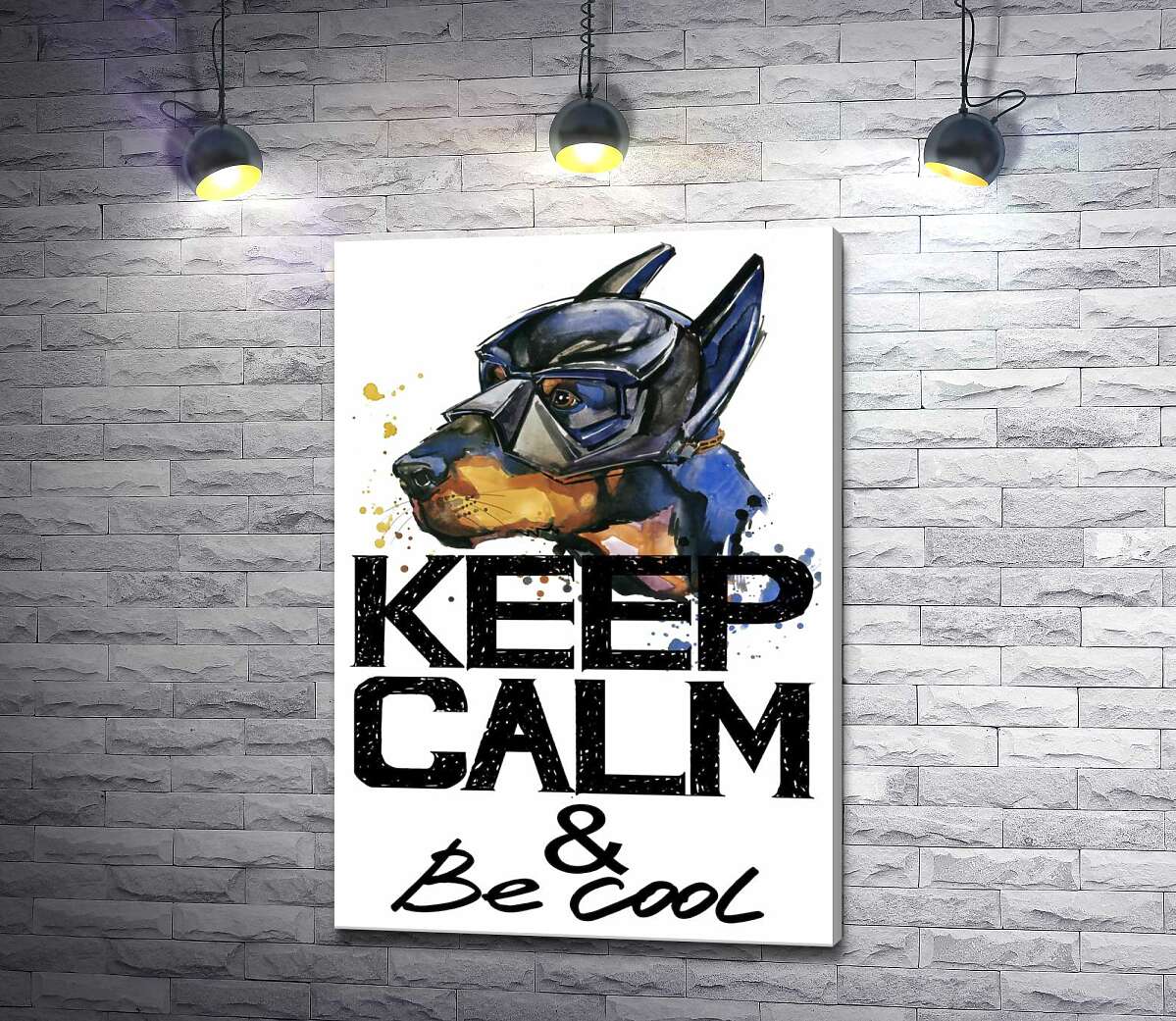 

Картина ArtPoster Доберман в маске Бэтмена среди надписи "keep calm and be cool" 100x146 см Модуль №1