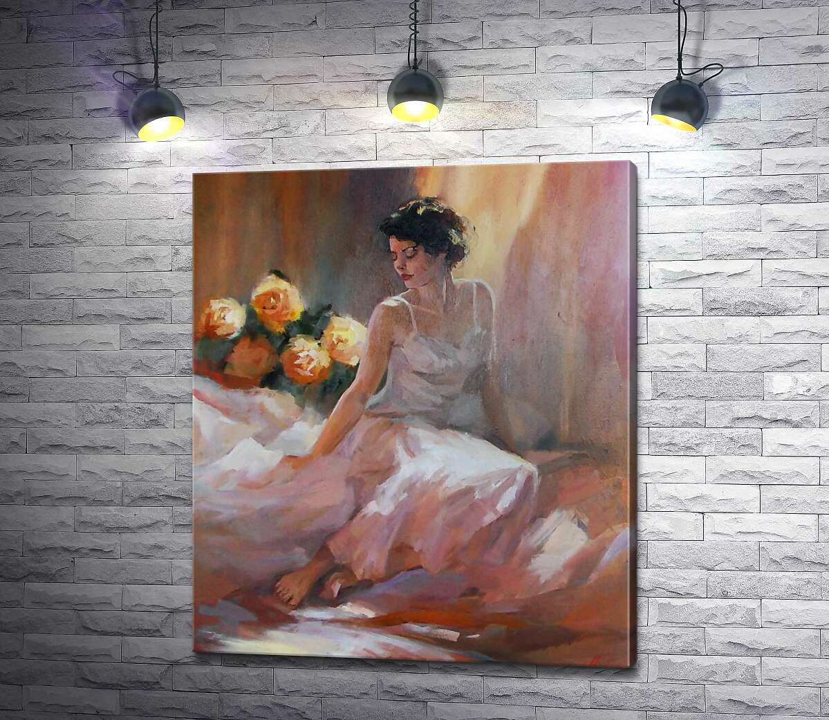 

Картина ArtPoster Нежный силуэт девушки в белом шелковом платье рядом с букетом роз 100x118 см Модуль №1