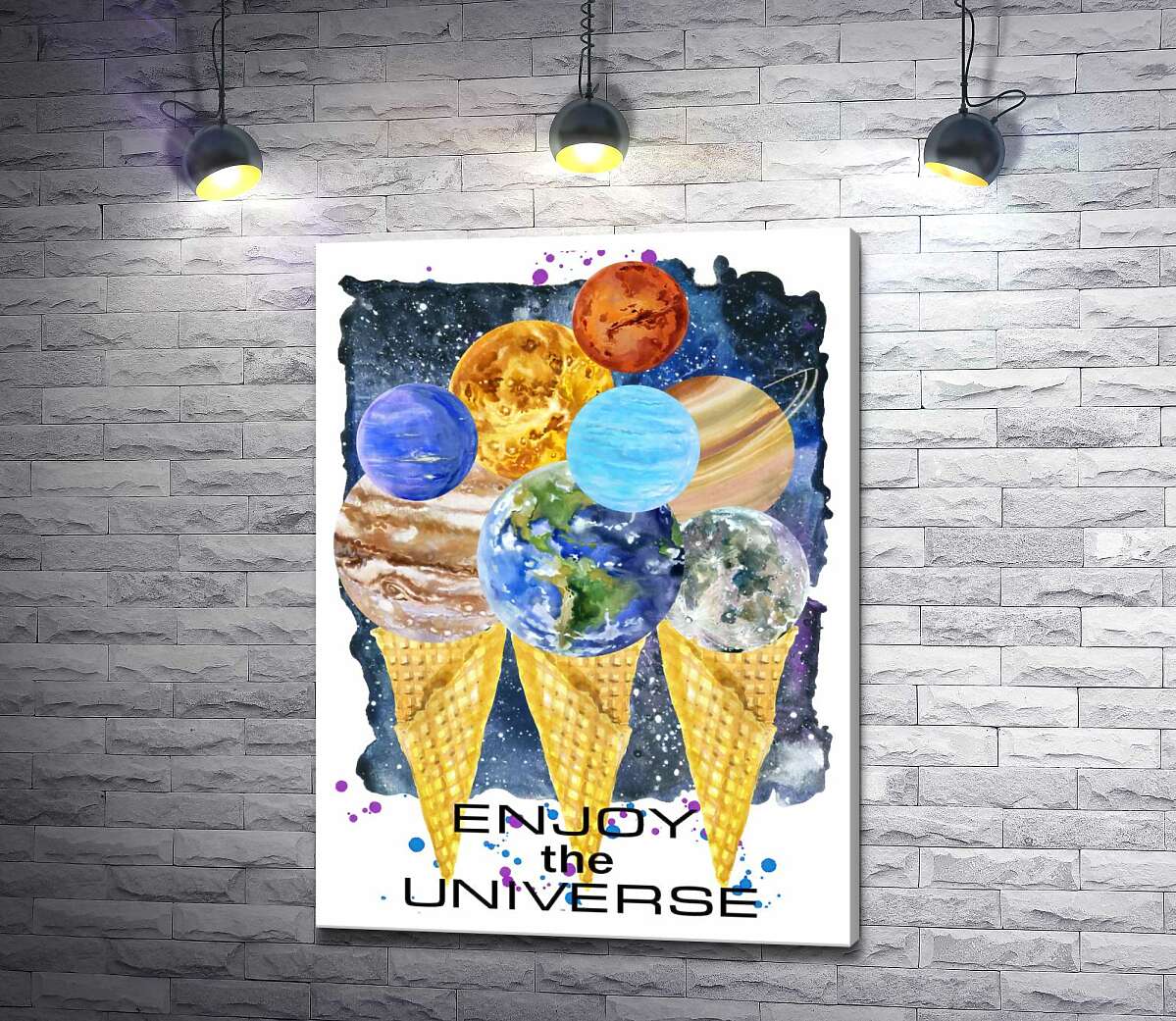 

Картина ArtPoster Планеты Солнечной системы собрались на рожках мороженого с надписью "enjoy the universe" 130x177 см Модуль №1