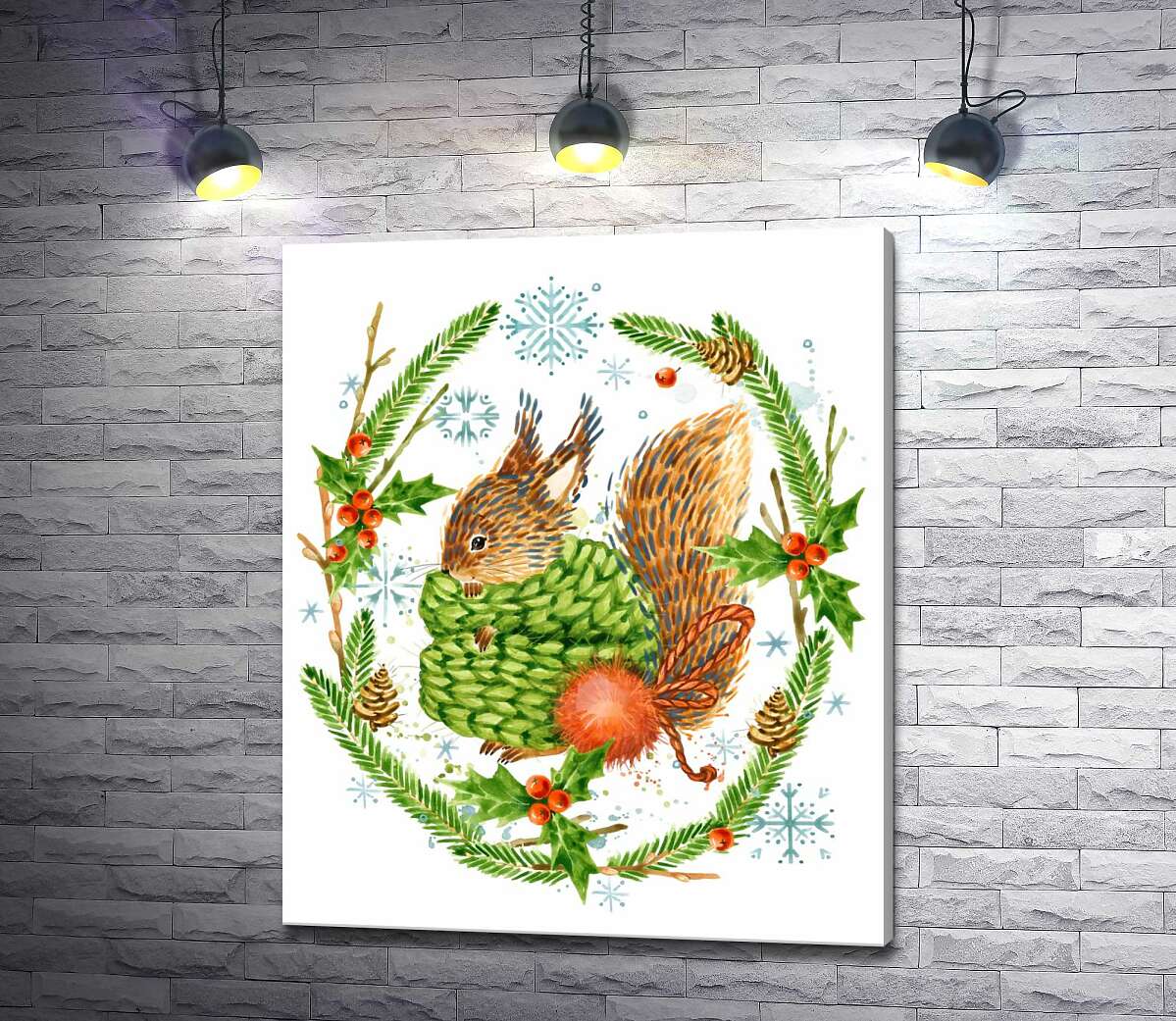 

Картина ArtPoster Пушистая белка закуталась в шарф среди венка из остролиста и елки 130x158 см Модуль №1