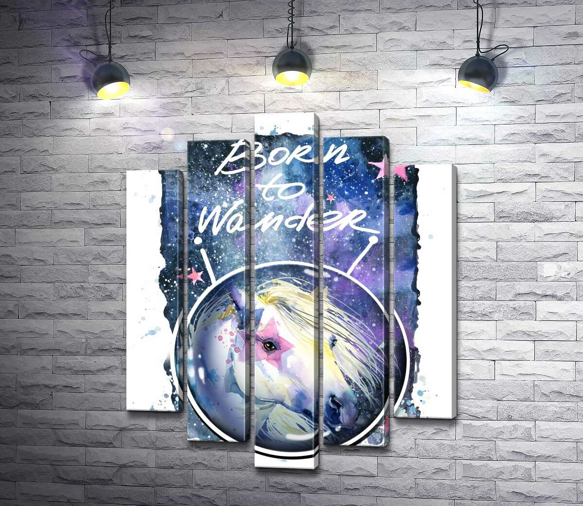 

Модульная картина ArtPoster Белая лошадь с розовой звездой на глазу под надписью "born to wander" 100x130 см Модуль №26