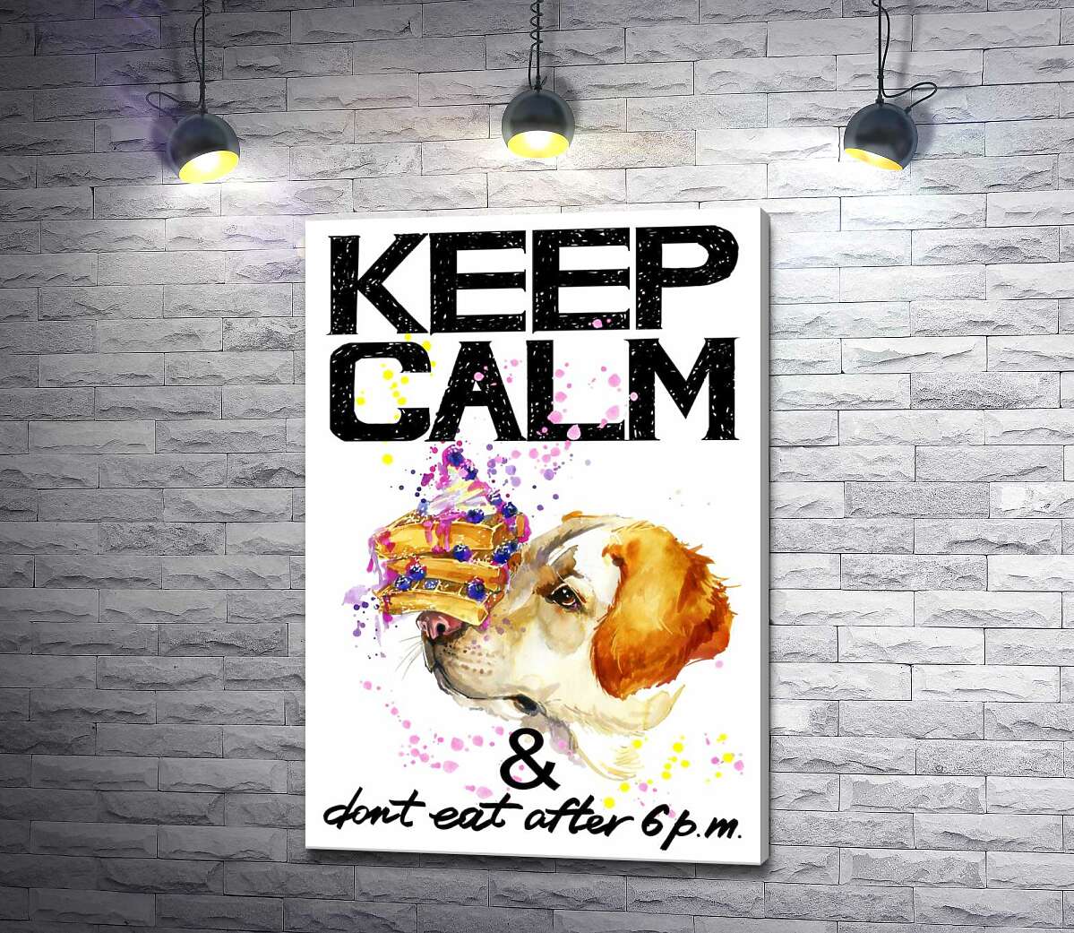 

Картина ArtPoster Черничный торт на носу у собаки среди надписи "keep calm and don't eat after 6 p.m." 100x146 см Модуль №1
