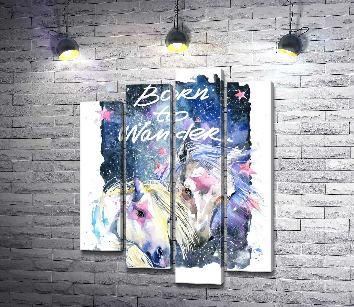 

Модульная картина ArtPoster Белые кони со звездными отметинами в космосе с надписью "born to wander" 80x104 см Модуль №21