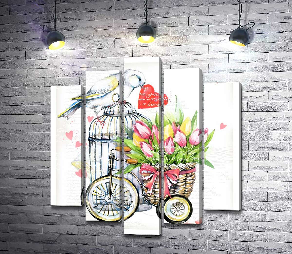 

Модульная картина ArtPoster Белая птица держит сердце в клюве рядом с корзиной весенних тюльпанов на велосипеде 100x111 см Модуль №26