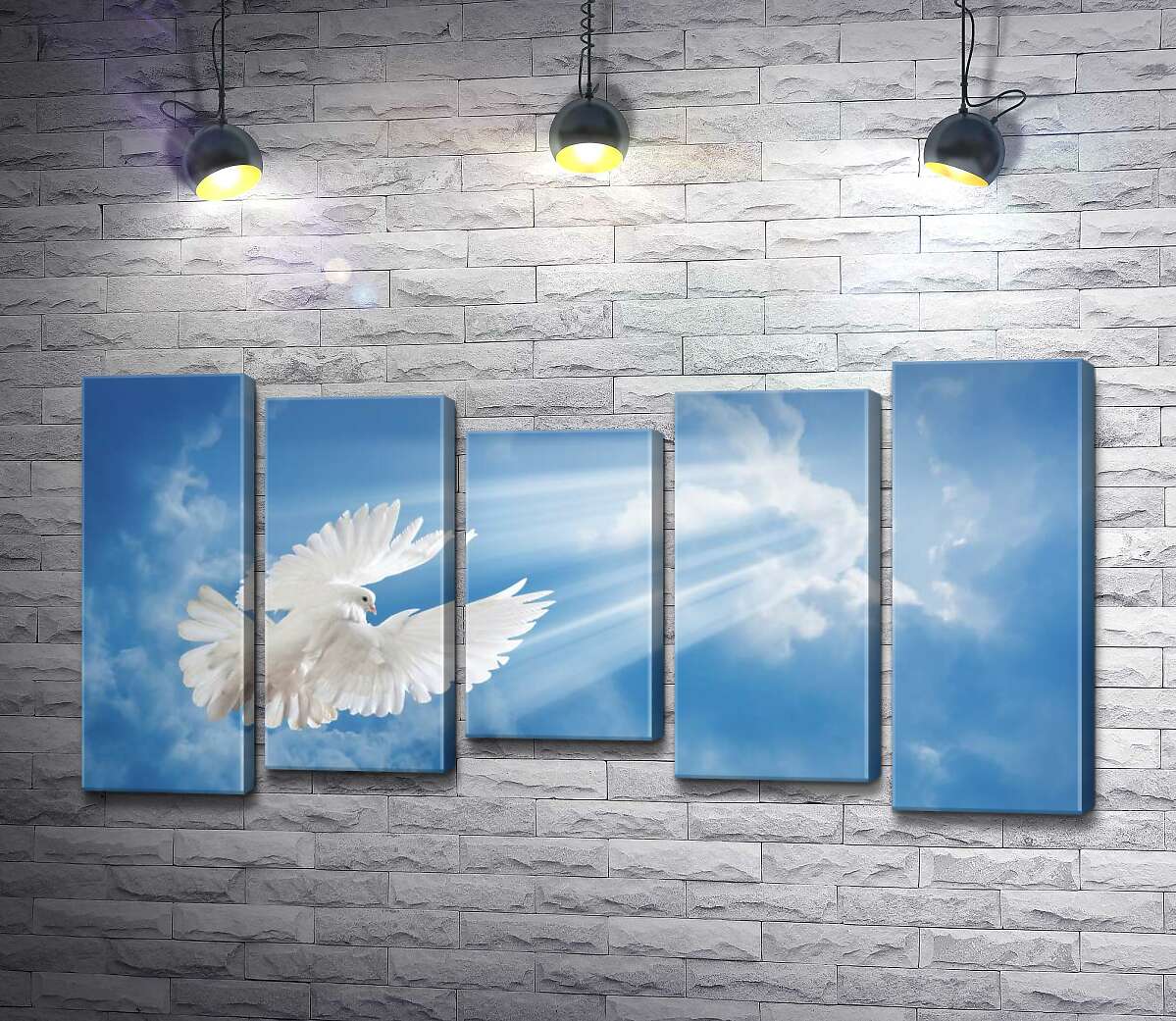

Модульная картина ArtPoster Белокрылый голубь в лучах солнца поднимается в небо 130x69 см Модуль №28