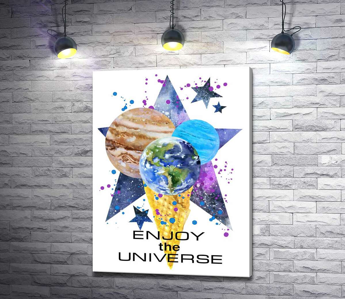 

Картина ArtPoster Три планеты в рожке мороженого на космическом фоне с надписью "enjoy the universe" 130x177 см Модуль №1