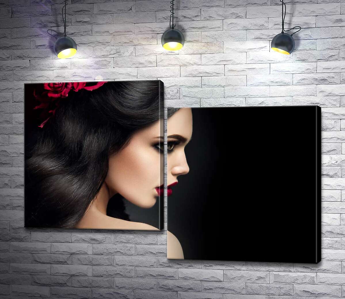 

Модульная картина ArtPoster Белоснежный профиль лица девушки контрастирует с пышными прядями черных волос 130x88 см Модуль №5