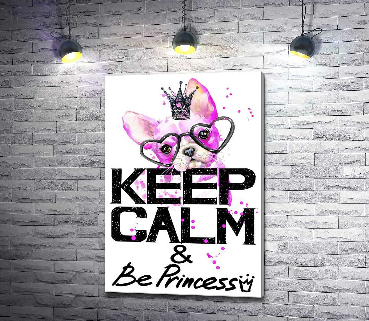 

Картина ArtPoster Розовый бульдог в очках и короне над надписью "keep calm and be princess" 50x73 см Модуль №1