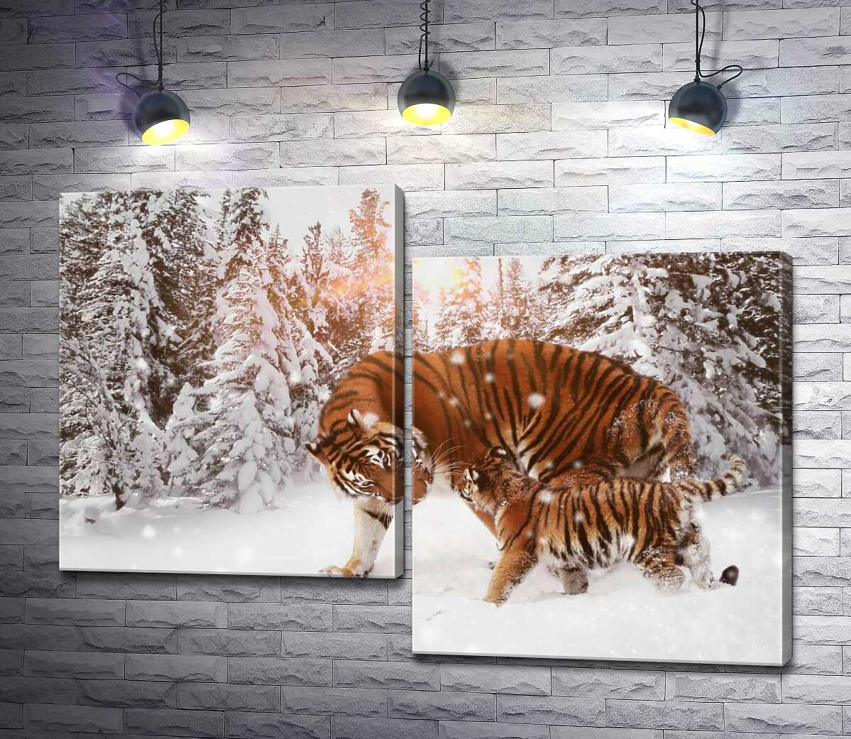

Модульная картина ArtPoster Амурские тигры: мать с детенышем прогуливаются по заснеженному лесу 130x93 см Модуль №5